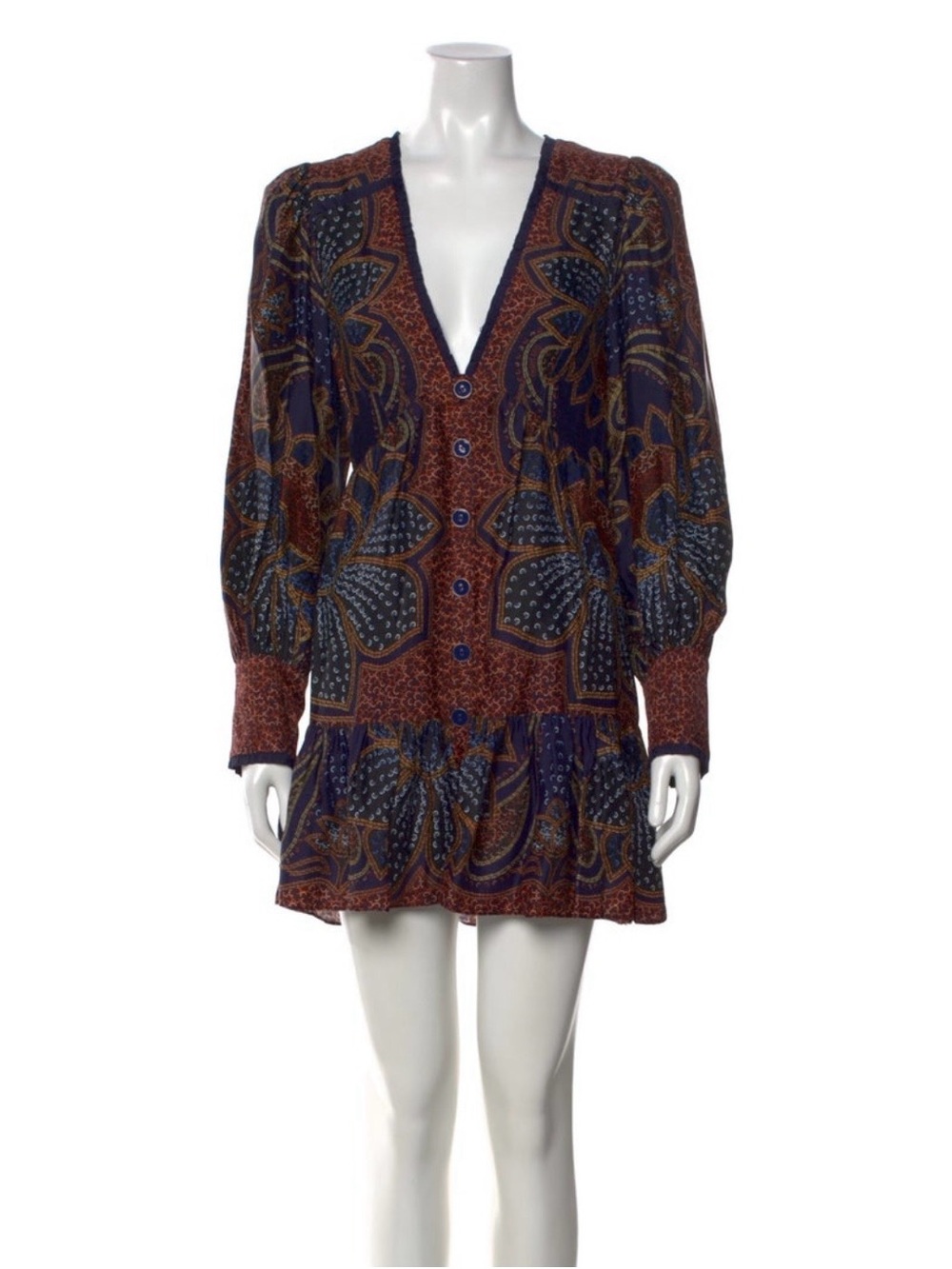 Farm Rio Women’s Deep V-Neck Floral Print Long Sleeve Dress - Navy Rust